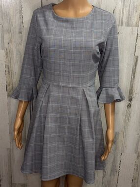 Everly Gray Plaid Fit-and-Flare Midi Dress with Ruffle Sleeves